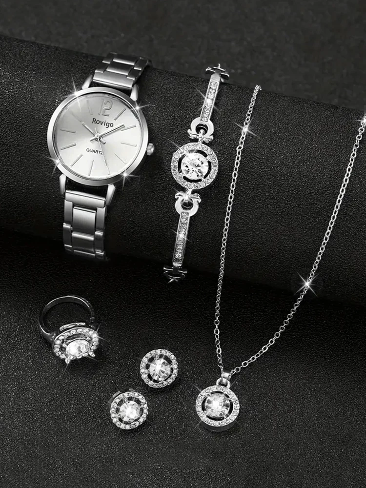 6pcs Fashion Versatile Women's Steel Band Quartz Watch with Luxury Diamond Bracelet, Necklace, Earrings, Ring Combination Set