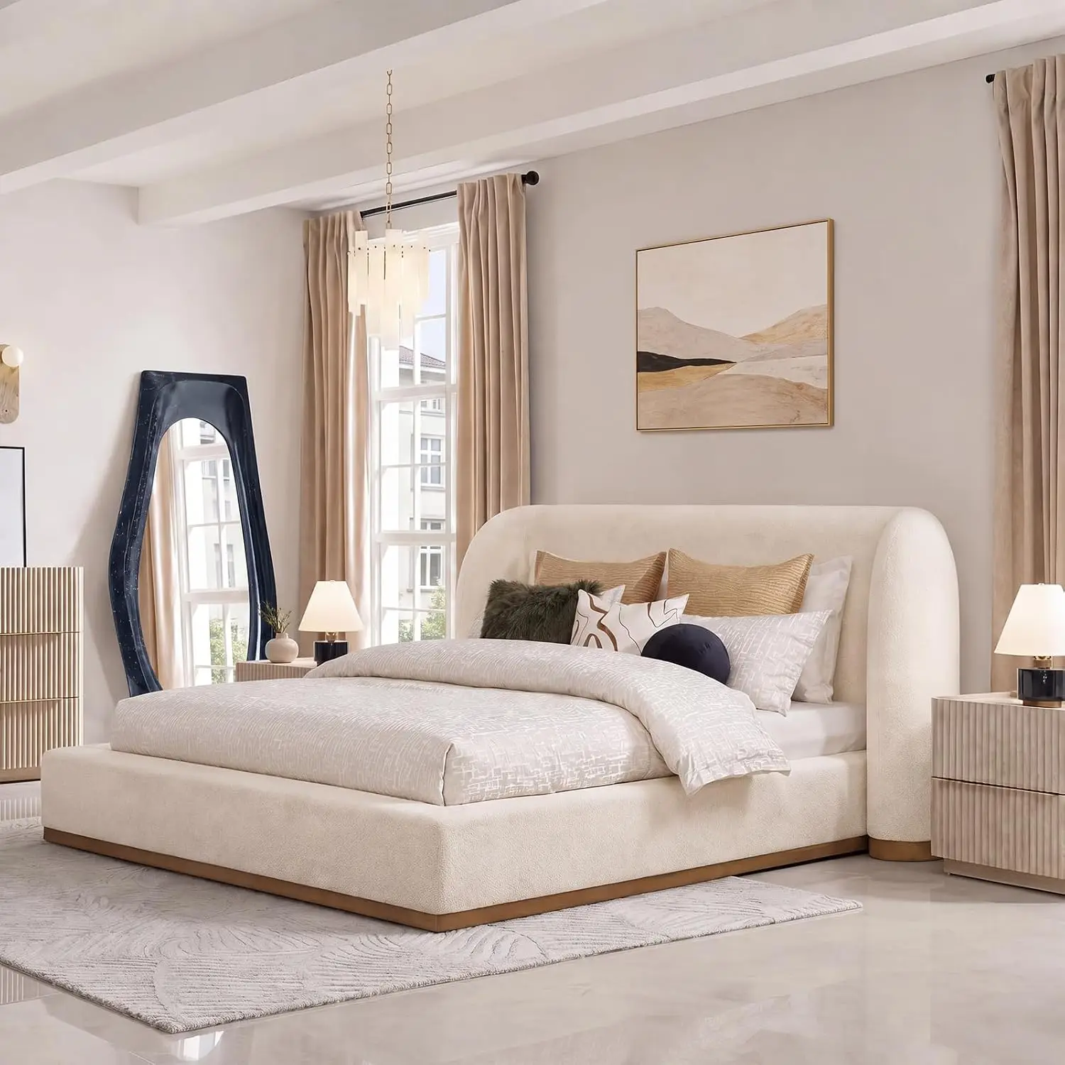 Queen Upholstered Cloud Bed Frame with Sculpted Wingback Headboard, Customized