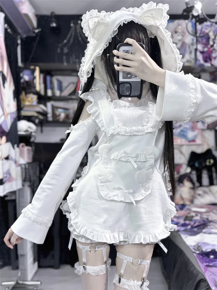 Original Japanese Harajuku Subculture Soft Girls Cat Ears Hooded Sweatshirt Lace Kawaii Cute Black White Apron Hoodies Pullovers