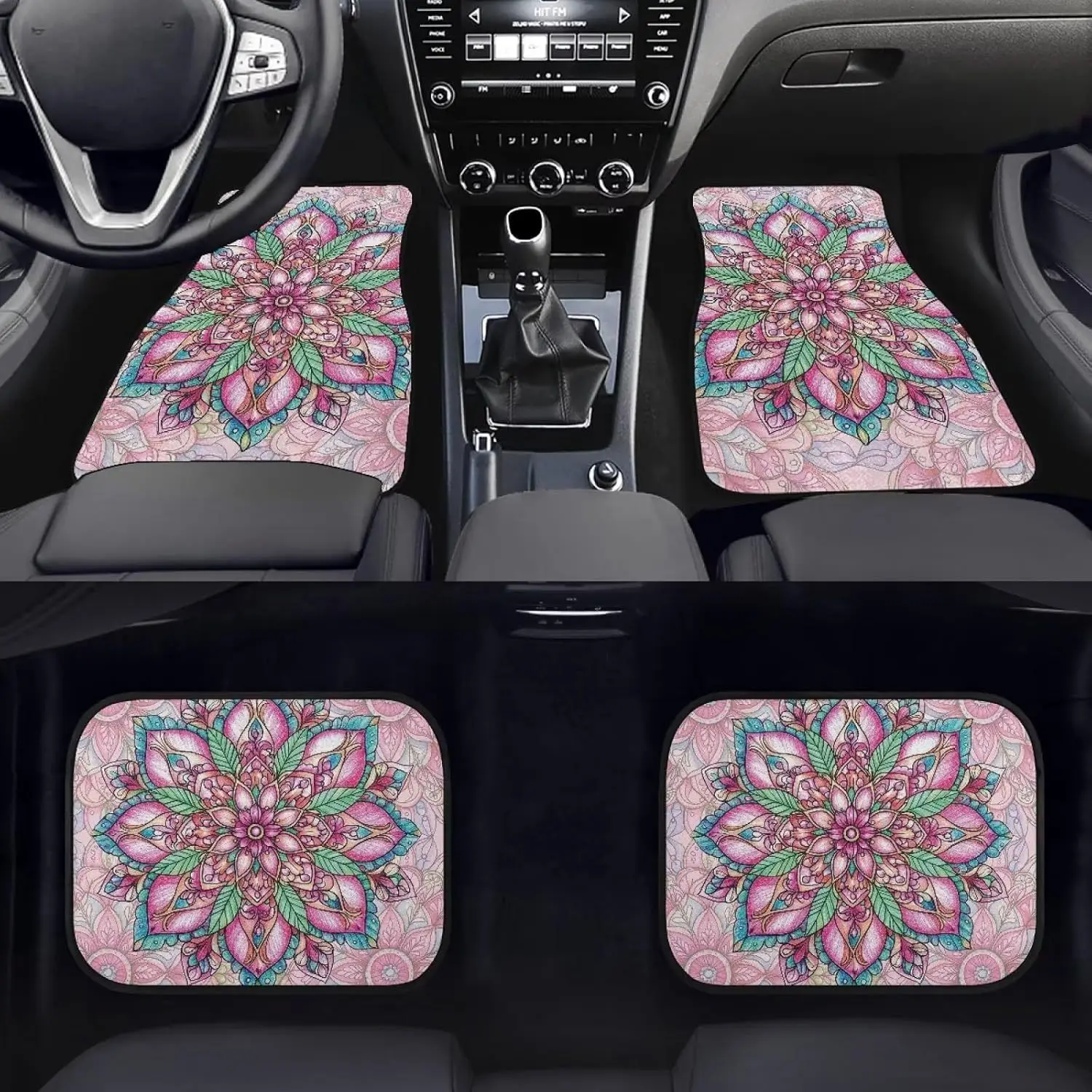 Complete Set Of 4 Pink Bohemian Floral Car Floor Mats, Designed For Both Men And Women, Offering Universal Fit For Front And Rea