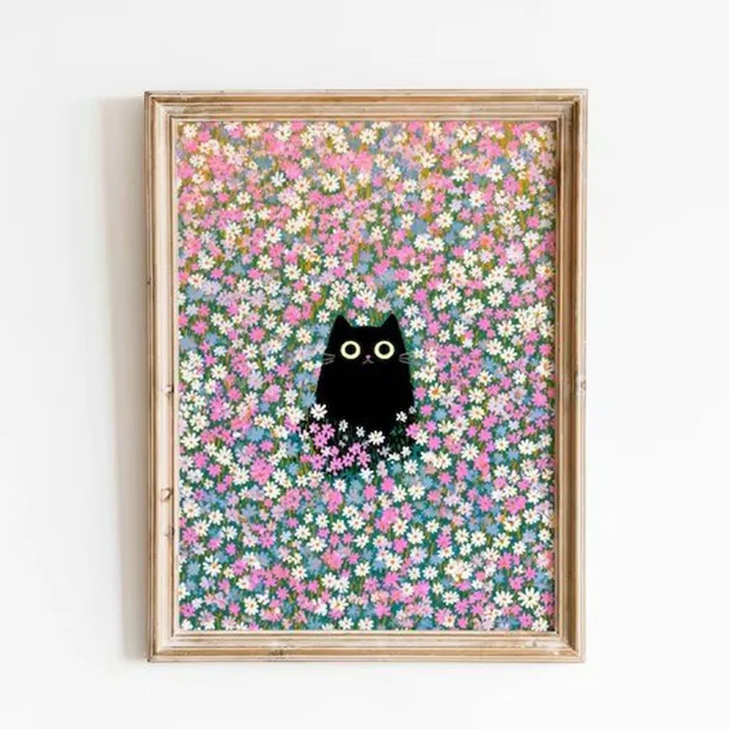 (Sans cadre) Œuvres d'art de Claude Monet, affiche sur toile avec chat noir mignon et étang de lotus, images d'art murales pour le salon