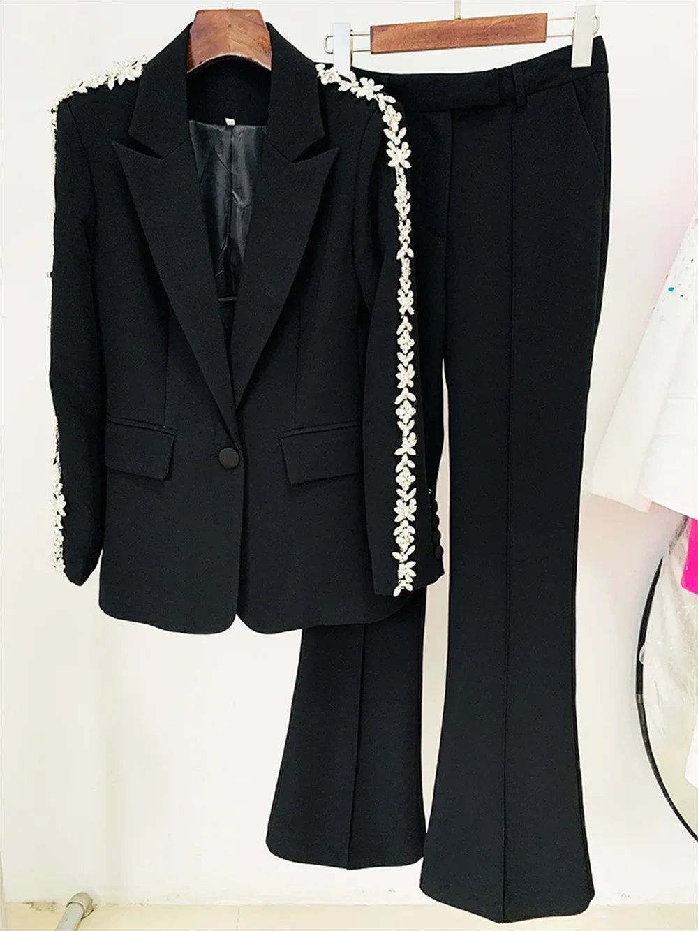 Luxury Women Formal Pants Set Black White Diamond Crystal Slim Fit Blazer Flare Pants Suit Office Lady Business Two Pieces Sets