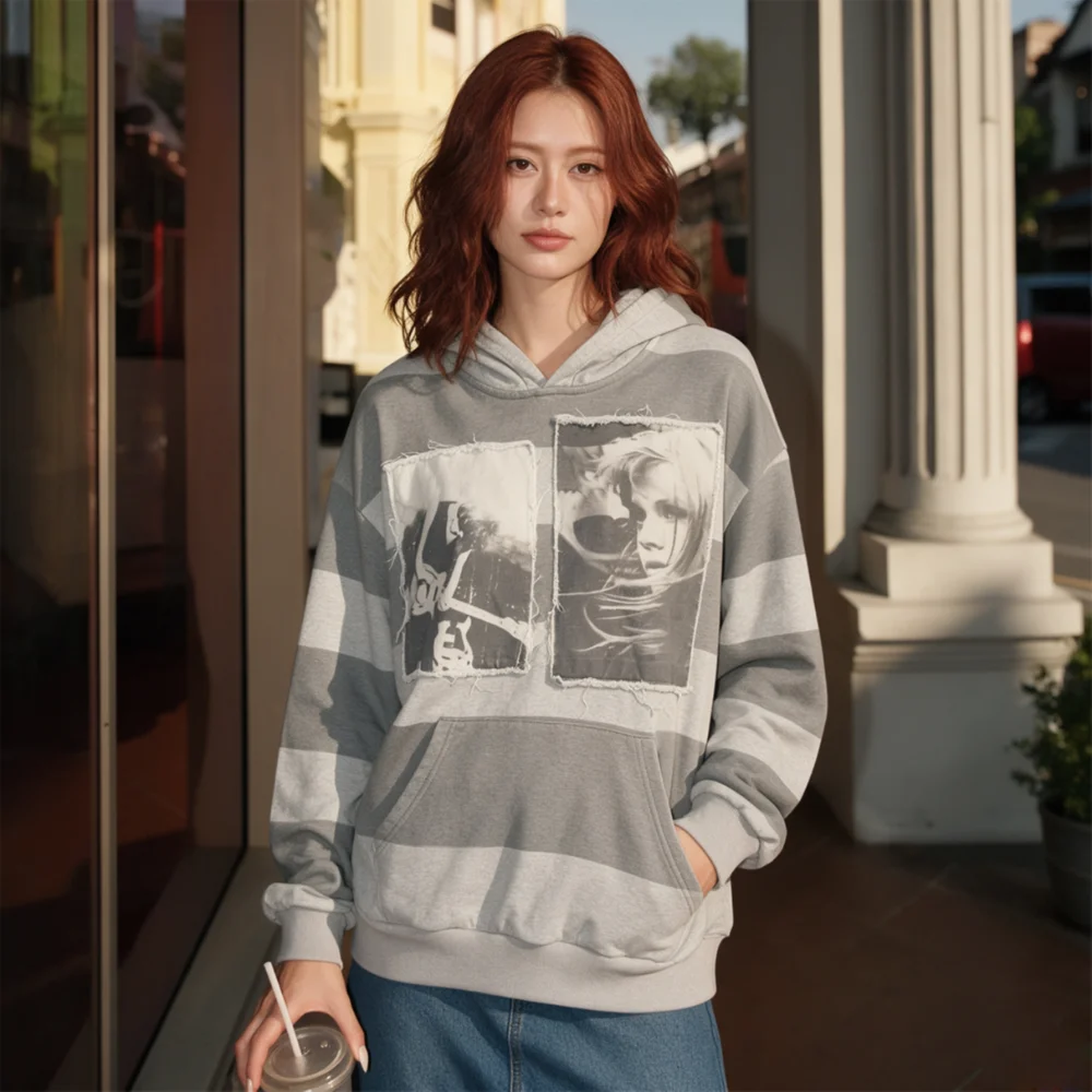 Unisex American Vintage Striped Color Block Hoodie, Patchwork Graphic Print Loose Streetwear Long Sleeve Pullover Sweatshirt