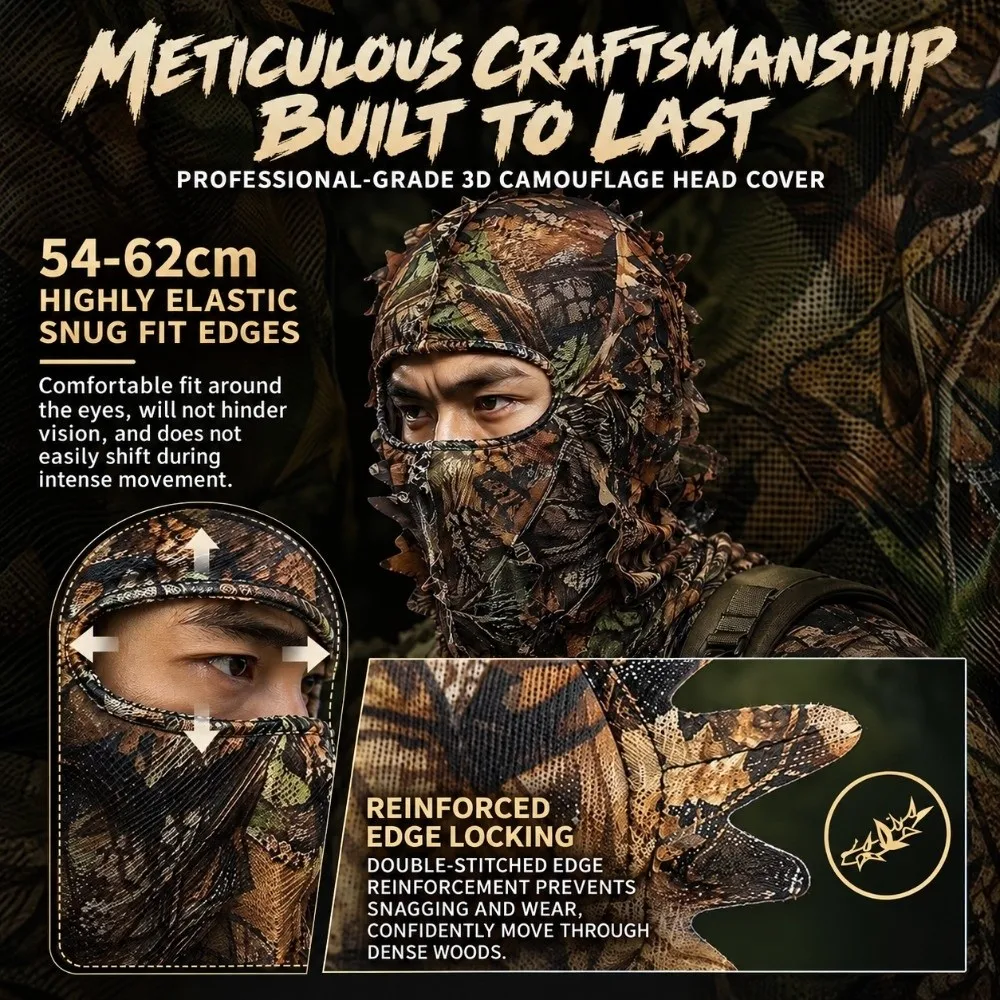 Realistic Pattern Leafy Face Mask 3D Full Face Maple Leafy Ghillie Suit Breathable Mesh Lightweight Hat Forest