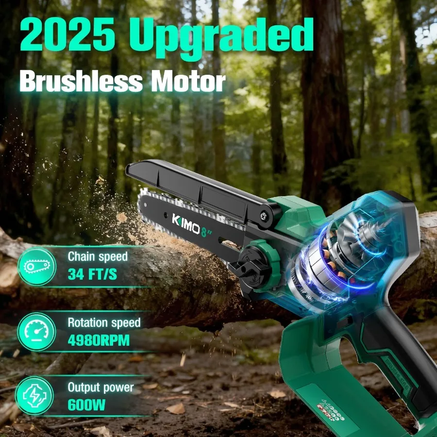 Mini motosierra inalámbrica de 8 pulgadas con 2 baterías de 4,0 Ah y cargador rápido Cadena eléctrica de mano de corte de alta potencia de 34 pies/s