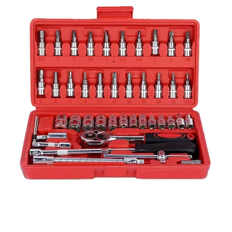 46Pcs Socket Wrench Set, 1/4" Drive Ratchet Wrench Tool Kit with Bits, Repair Tool Set for Car, Motorcycle, Home Maintenance