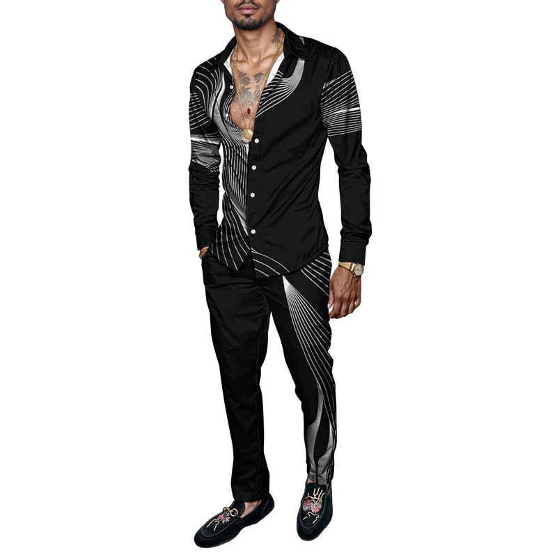 طقم قميص رجالي لربيع وصيف 2025 طباعة ذئب أنيقة تتميز بتصميم السماء المرصعة بالنجوم مكون من قطعتين طقم كون رجالي خفيف الوزن