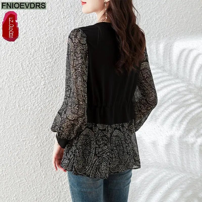 L-5XL Patchwork Drawstring Waist Tops Women Spring Basic Wear Retro Vintage French Design Shirts Peplum Tops Blouses