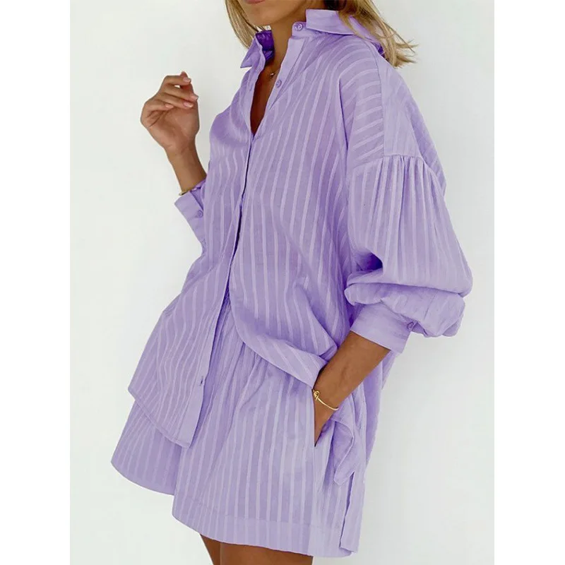 

2026 Spring New Women's Striped Puff Sleeve Shorts Jacquard Shirt Commuting Style Casual Set Home Wear