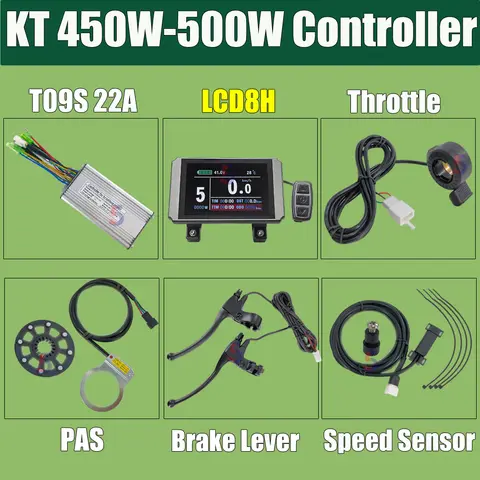KT T09S 22A Hall Sensor Ebike Controller Kit with KT Display, Brake Levers, Throttle and PAS, Compatible with 36V/48V 500W Motor