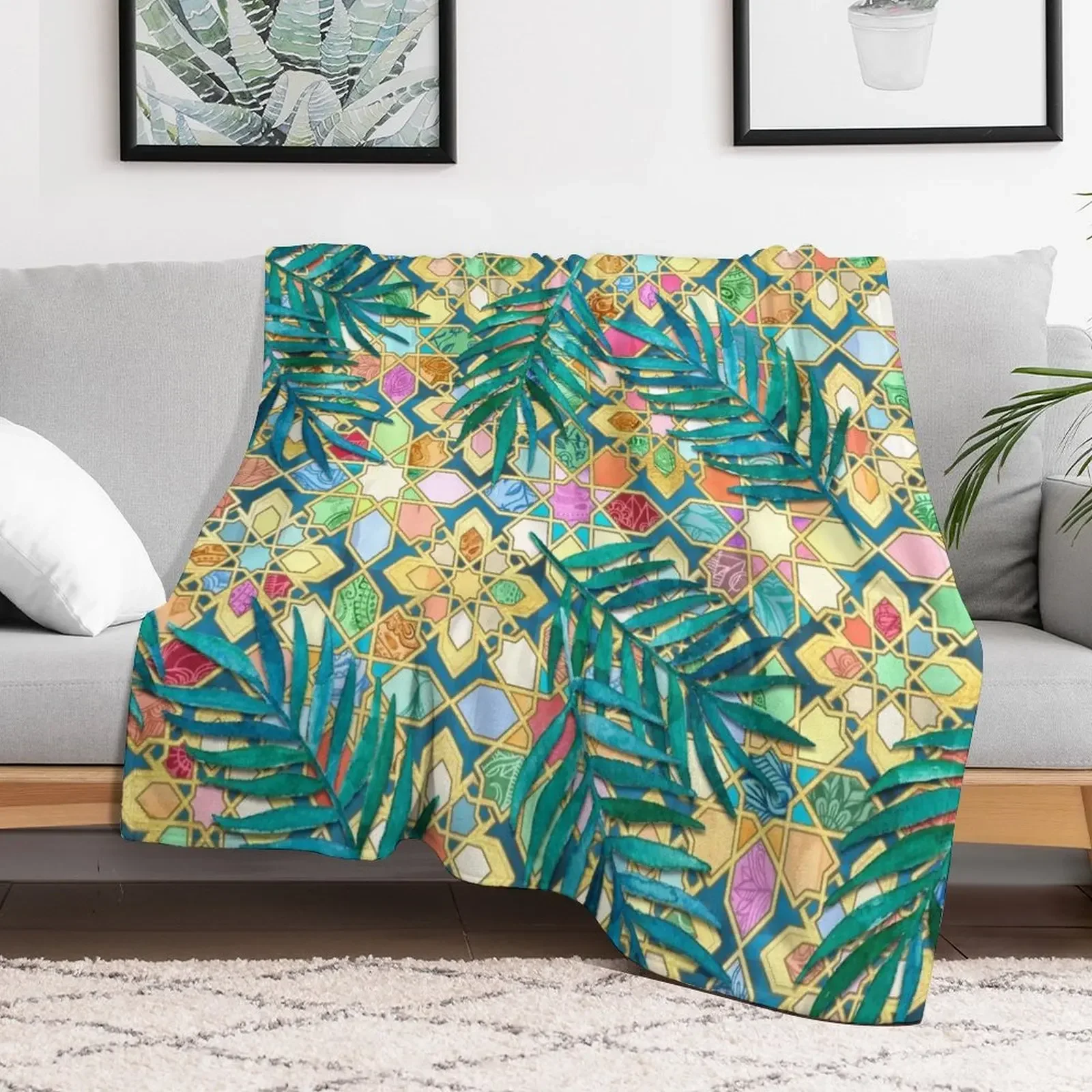 

Gilded Moroccan Mosaic Tiles with Palm Leaves Throw Blanket Shaggy Blankets For Bed Blankets