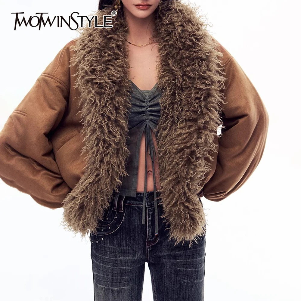 

TWOTWINSTYLE Vintage Cardigan Jacket for Women Imitation Fur Collar Long Sleeve Loose Puff Jackets Female Autumn Clothing Style