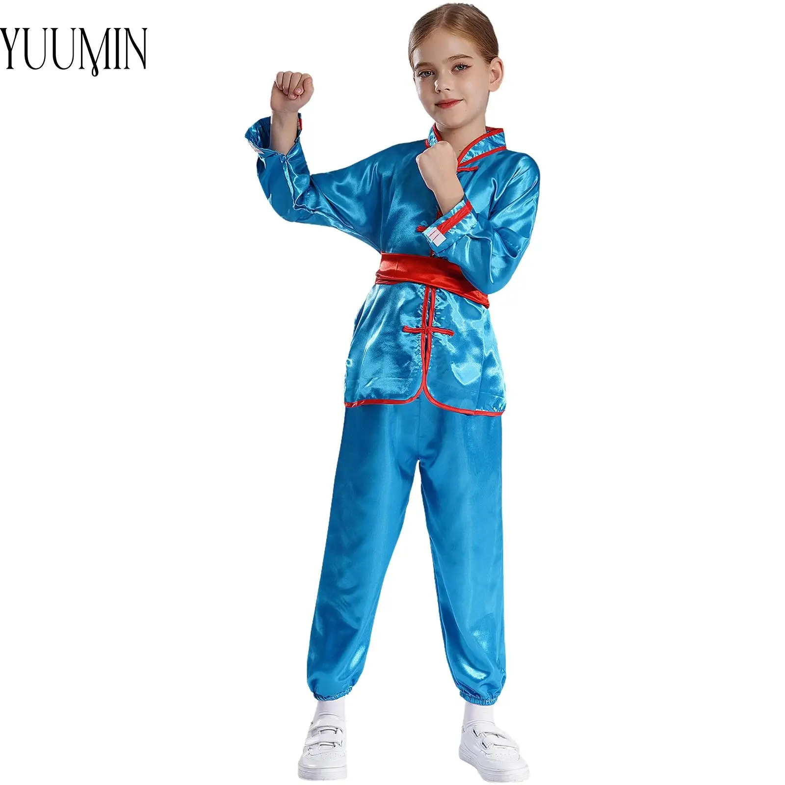 Kinderen Jongens Meisjes Satijnen Kung Fu Pak Vechtsporten Tai Chi Outfit Workout Halloween Kleding Stand Kraag Lange Mouw Top + broek Riem