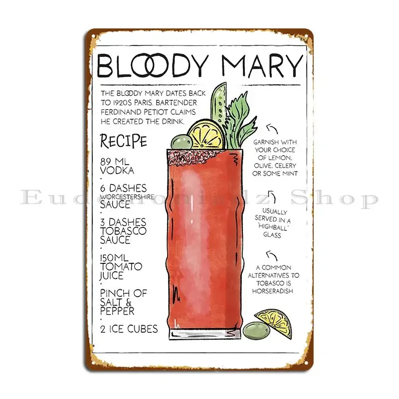 Bloody Mary receta carteles de Metal placas decoración impresión Club Pub cartel de estaño cartel