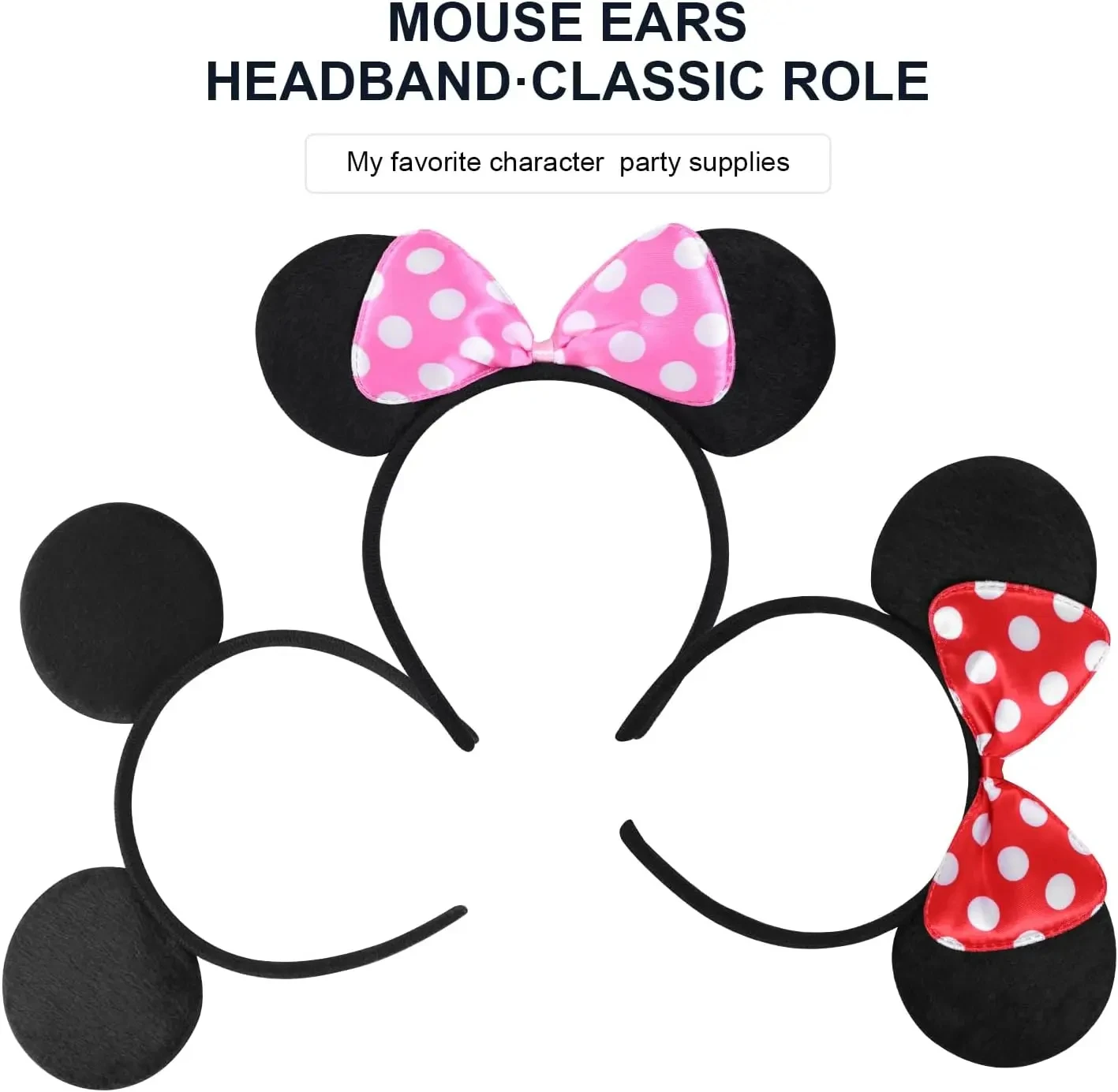 12 pieces of Mickey Minnie ears Pure black and red and pink Disney bow ear headband mouse theme birthday party Gift supplies