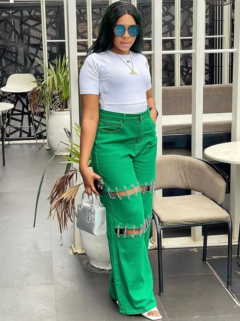 Fashion Hollow Out Chain Stitching Denim Pants Autumn Clothing Women High Waist Straight Jeans Casual Denim Trousers Jean Pants