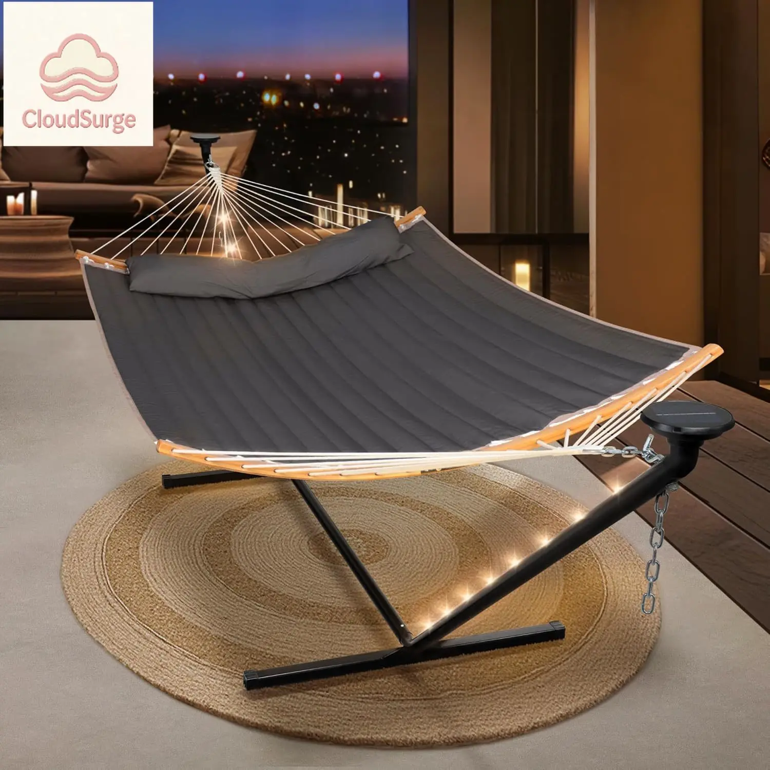 

Double Backyard Hammock with Solar Powered Lights for Outside, 475 lbs Capacity, Heavy Duty Self Standing Hammock with 12 ft Sta