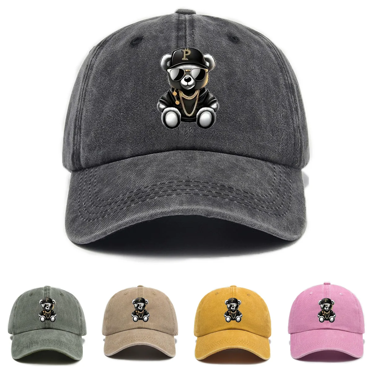 Trendy Hip-Hop Little Bear Print Washed Retro Do Old Baseball Caps Men's And Women's Tidal Current Versatile Duck Tongue Hats