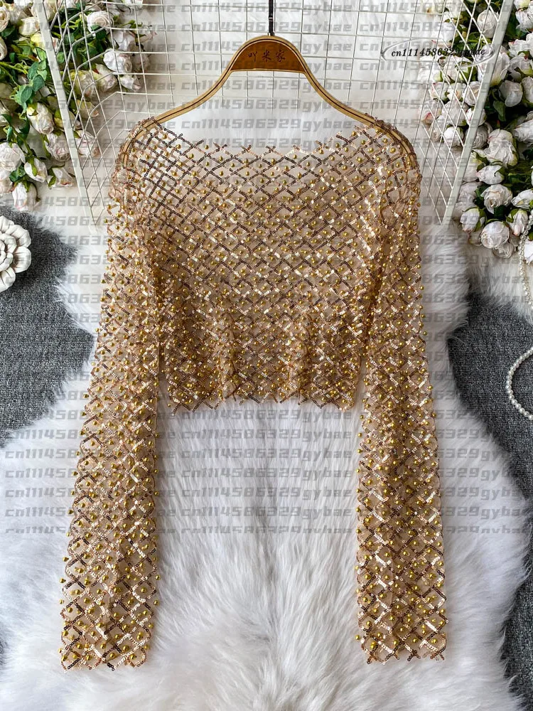 2026 Fashion Streetwear Sequined Sun-proof Blouses Sexy Pearl Beading Crop Tops Women O Neck Long Sleeves Sheer Shirts