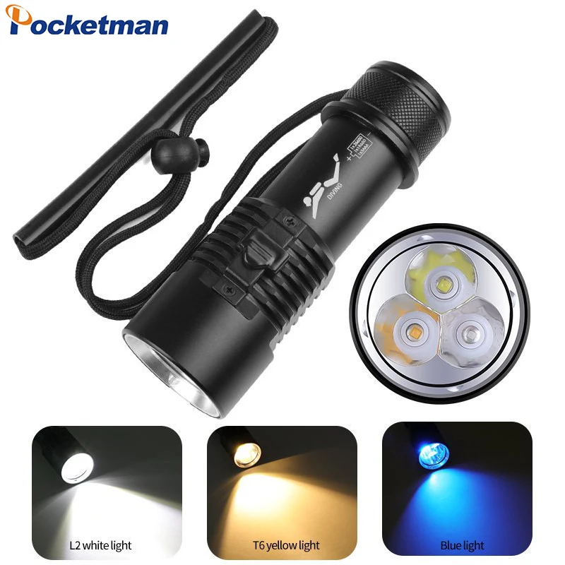 

Scuba Diving Flashlight L2 White Light+T-6 Yellow Light+Blue Light LED Aluminum Alloy Dive Torch Waterproof Underwater Light