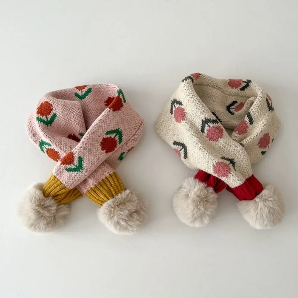 Jacquard Pattern Children Knitted Scarf Flower Print Windproof Winter Neckerchief Warm Neck Cover Thick Girls Scarf