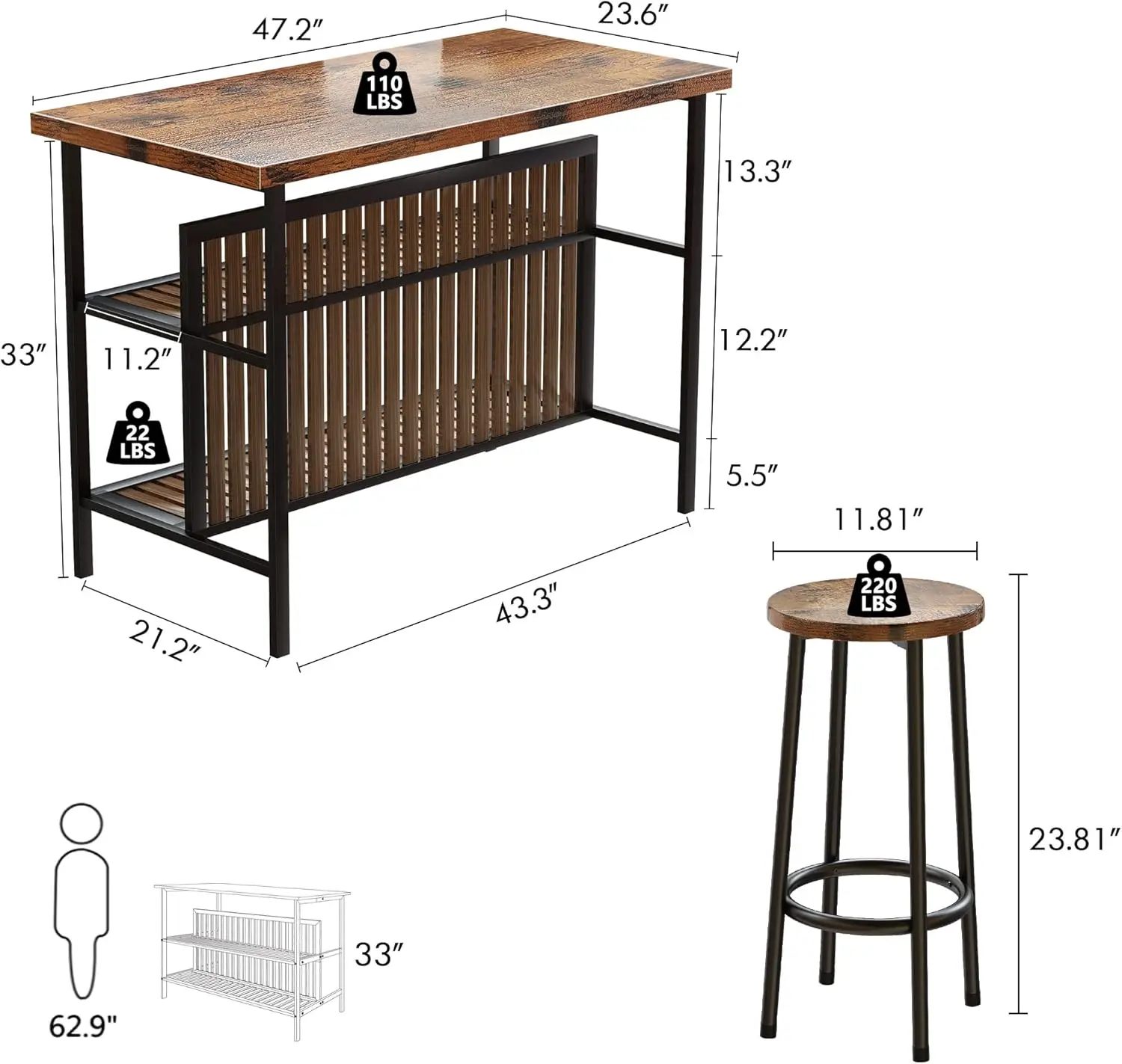 3-Piece Pub Set, Rectangular Table with Storage, 2 Bar Stools, Modern Counter Height, Faux Marble, Rustic Brown