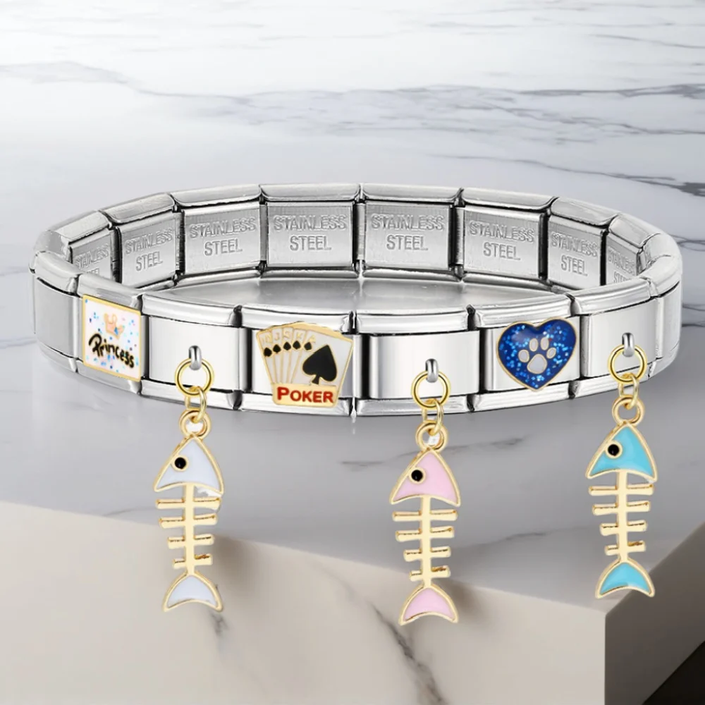 URING New Design Italian Charms Pendant Fish Bones Link Fit 9mm Stainless Steel Femme Women Jewelry Making DIY Bracelets Gifts
