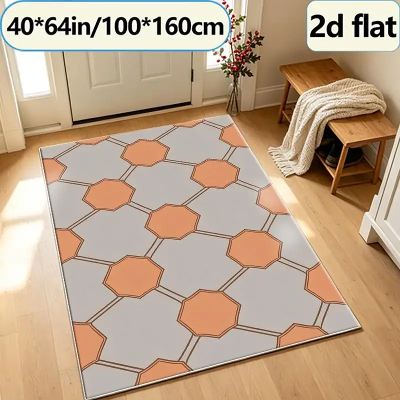 Retro Orange Octagonal Checkered Square Carpet Floor Tile Neutral Gray Background Simple Geometric Repeating Pattern Non-Slip Carpet