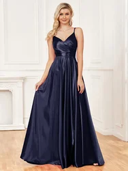 Lucyinlove Luxury V-Neck Satin Sleeveless Blue Formal Evening Dress 2024 Women Elegant Sexy Slip Wedding Party Long Prom Dress