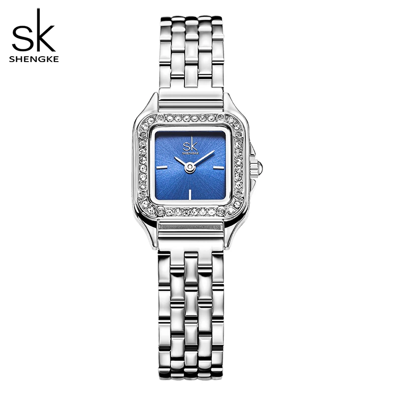 SHENGKE Elegant Silver Stainless Steel Women Watches Fashion Small Dial Square Woman\'s Quartz Wristwatches Ladies New Gift Clock