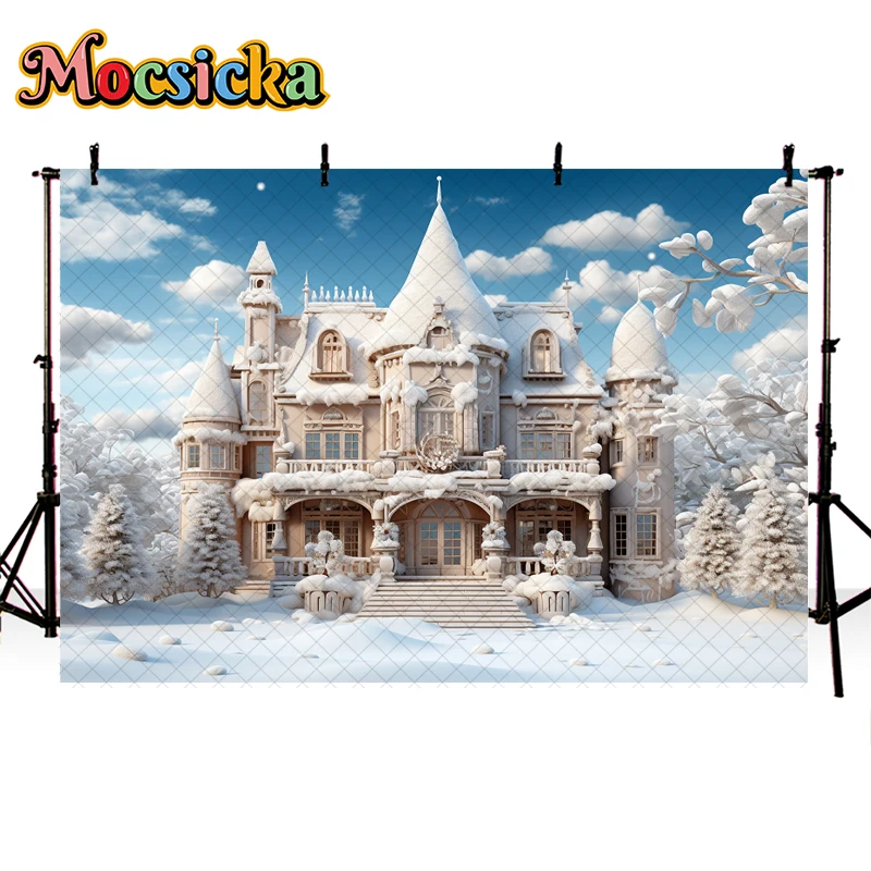 Mocsicka fotografia tło boże narodzenie zamek dom zimowy śnieg Xmas dziecko portret rodzinny wystrój zdjęcie tła Studio