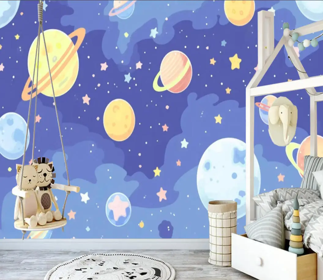 customized wallpaper cartoon hand drawn space planet universe children's room background wall mounted wallpaper for wall 3d