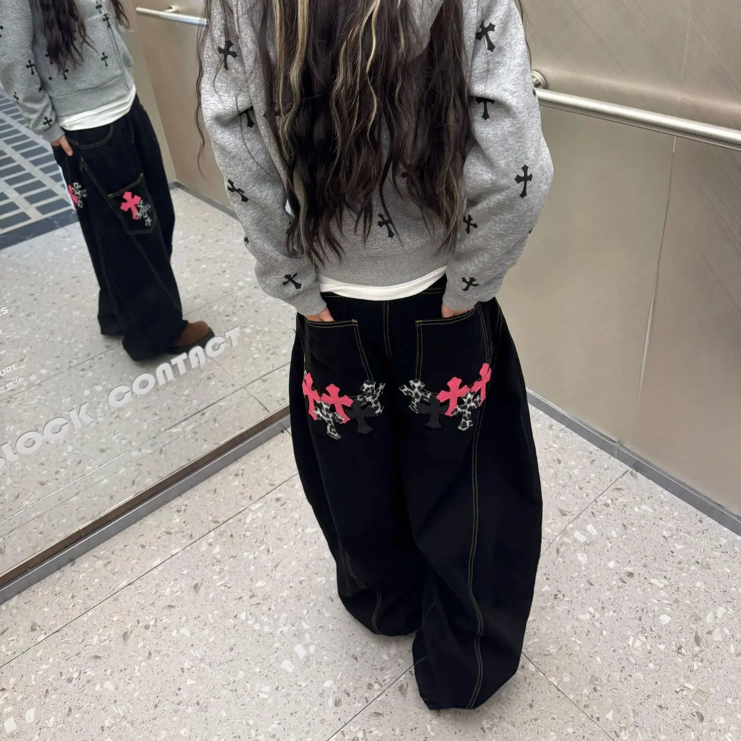 Women's Retro Wide Leg Karate Jeans Cross Embroidery Multi Pocket Pants Gothic Y2K Streetwear Loose Fit Denim Trousers