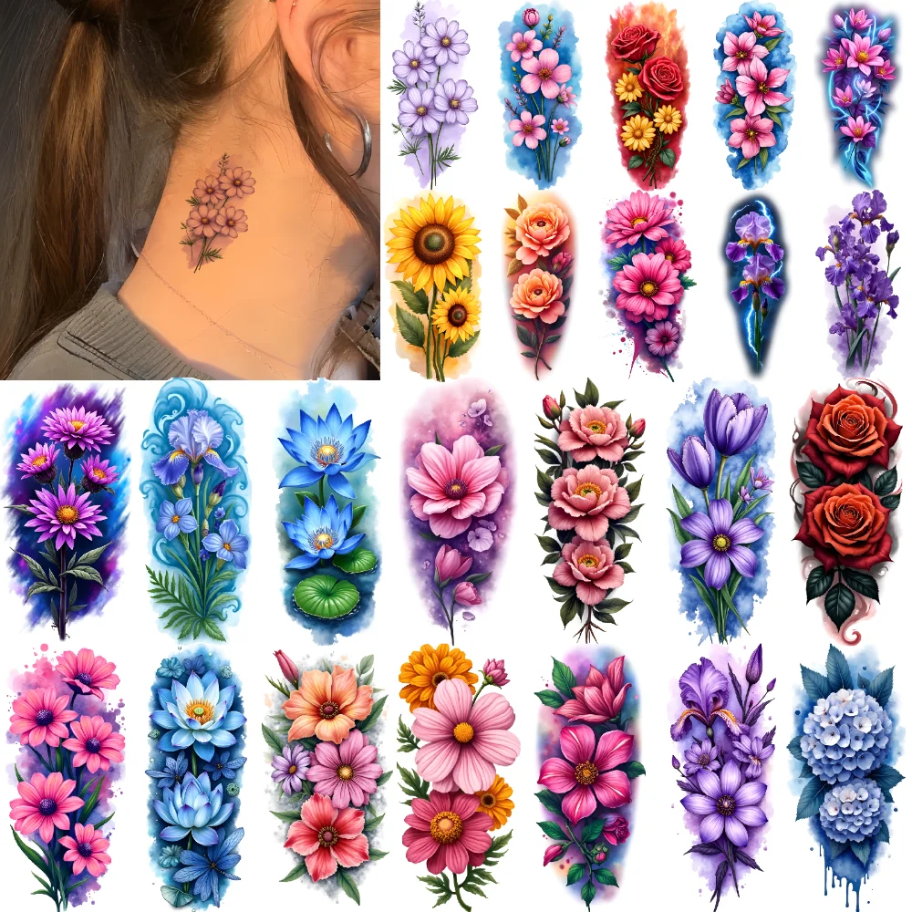 

9pcs Temporary Tattoo Colorful Flowers Waterproof Long-lasting Body Stickers Red Roses Sunflower Colorful Realism For Arms