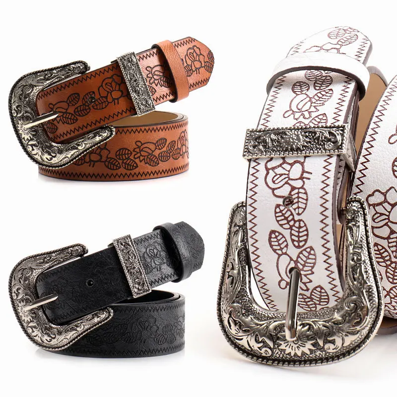 Cinturón de Mujer Retro con Grabado, Elegante y Moderno, Cinturón de Cuero Versátil con Hebilla de Perno de Toro, Estilo Subcultura 'It Girl'