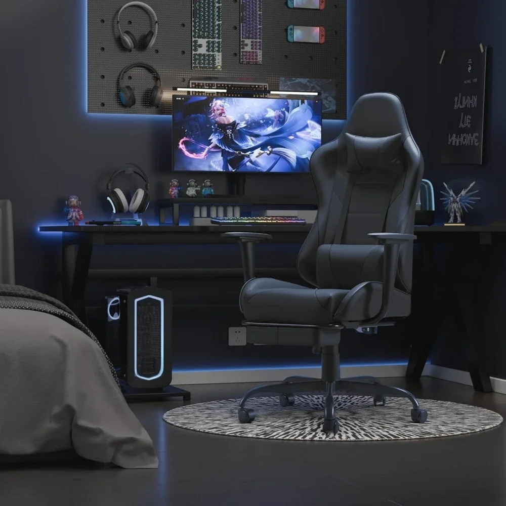 Krzesło biurowe z podnóżkiem i masażem lędźwiowym, krzesło z regulacją wysokości z zagłówkiem i obrotowym siedziskiem, krzesło biurowe