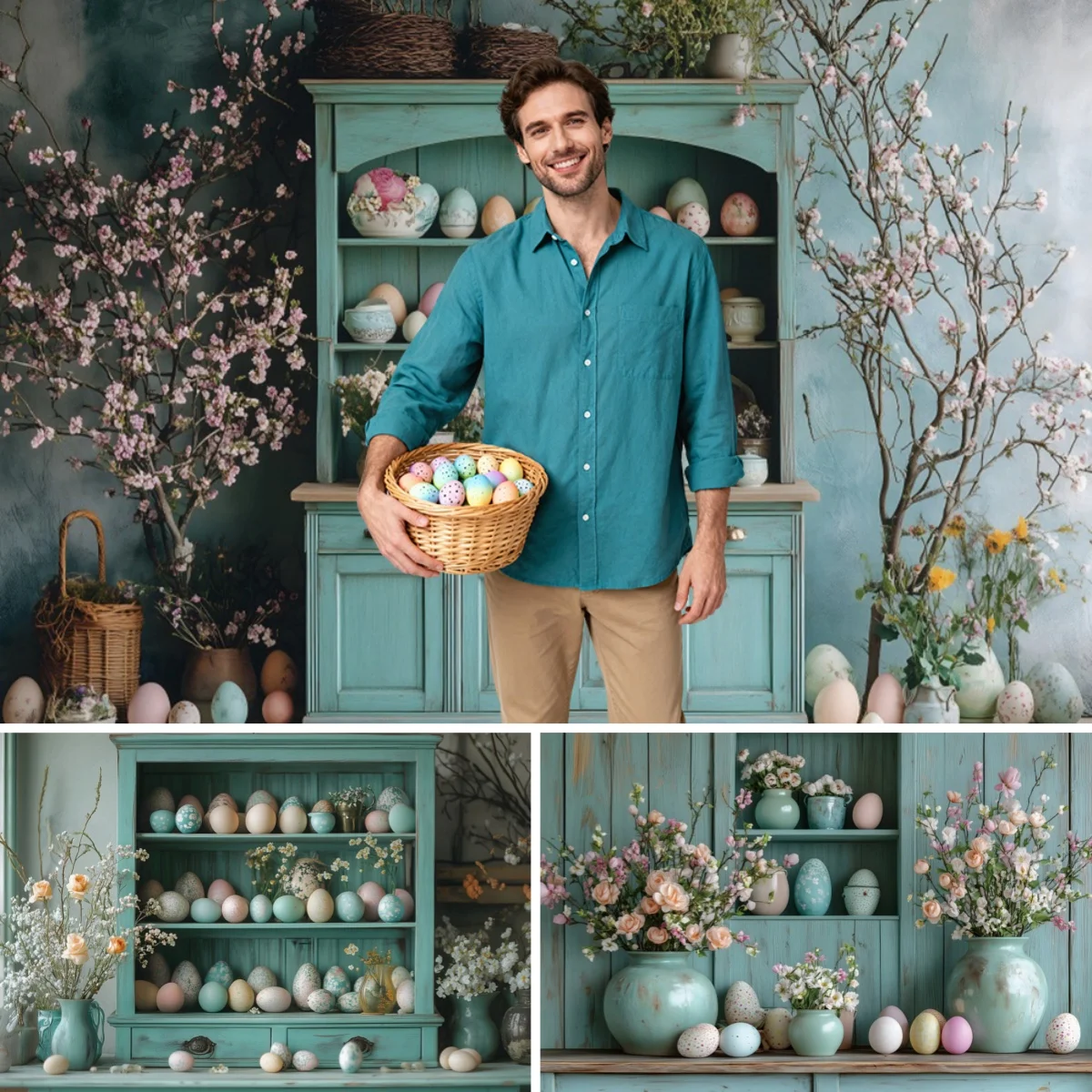Spring Easter Eggs Cabinet Photography Background Rural Kitchen Flowers Adults Easter Party Portrait Decor Backdrop Photo Studio