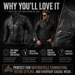 New Motorcycle Causal Vintage Leather Coat Men Autumn Outfit Fashion Biker Pocket Design Top Layer Cow Leather Jacket