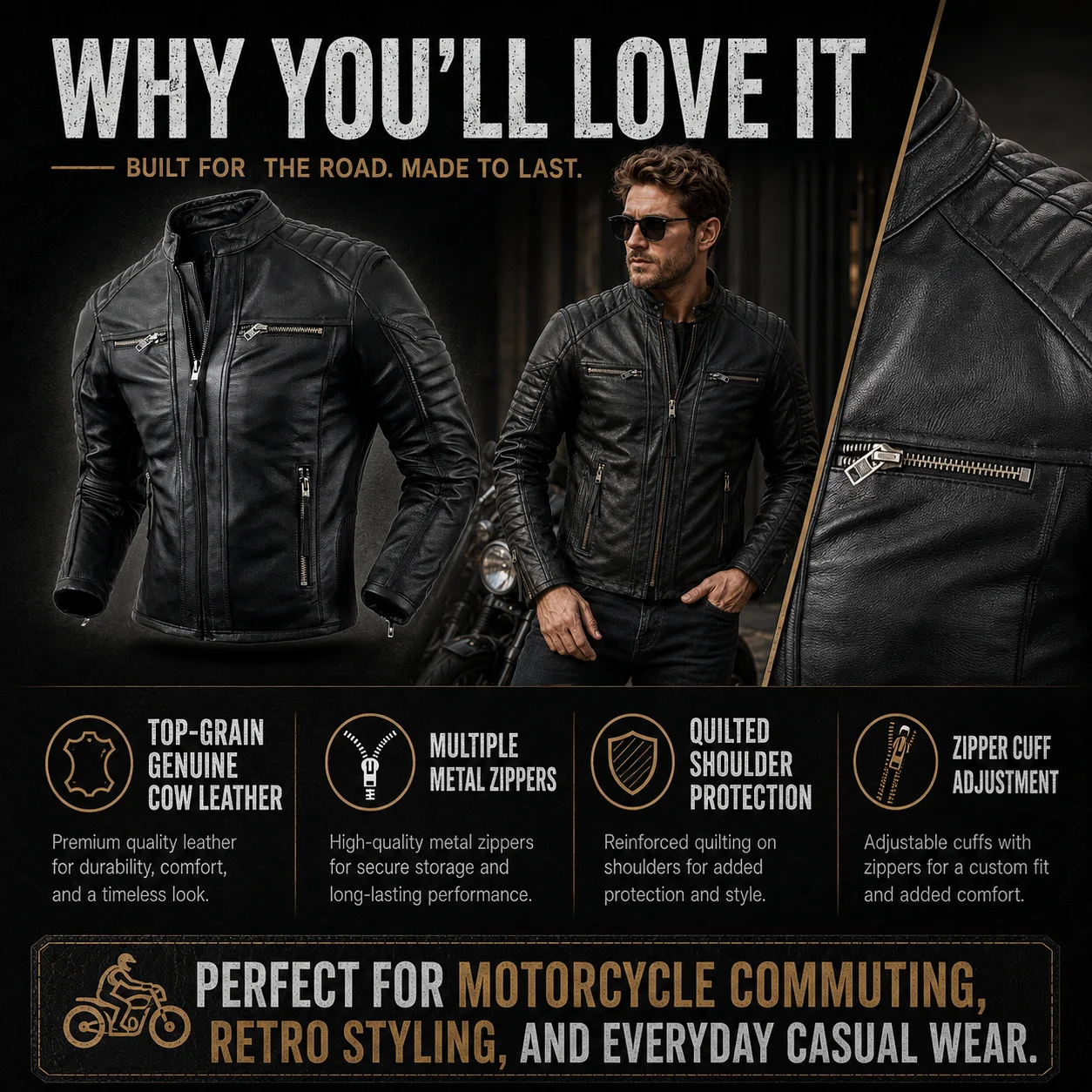 New Motorcycle Causal Vintage Leather Coat Men Autumn Outfit Fashion Biker Pocket Design Top Layer Cow Leather Jacket