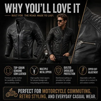 New Motorcycle Causal Vintage Leather Coat Men Autumn Outfit Fashion Biker Pocket Design Top Layer Cow Leather Jacket