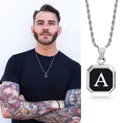 Christmas Gifts for Men Initial Necklace Stainless Steel Letter A-Z for Men Boys Women Square Pendant Jewelry Birthday Gifts