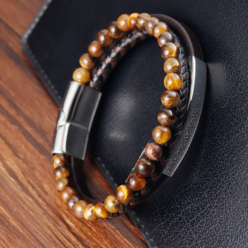 Premium Stainless Steel Jewelry Genuine Leather Woven Tiger-eye Beaded Bracelets Luxury Brand Bracelet Men