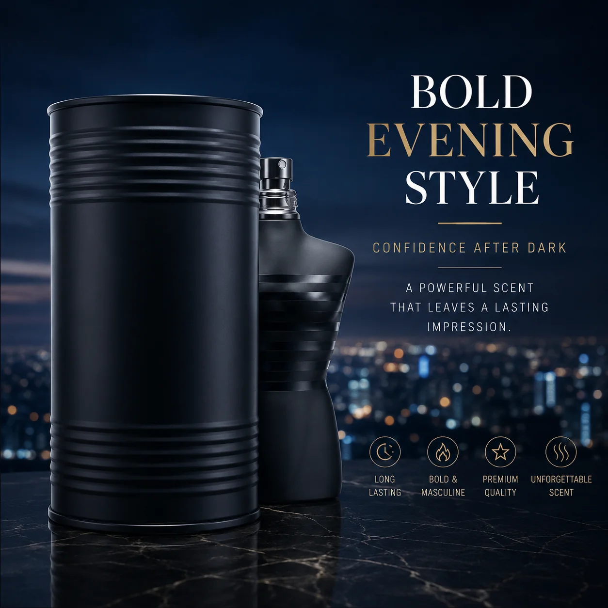 

Bold Evening Woody Spicy Men Cologne Matte Black Striped Torso Sculpt Bottle Gold Accent Ring Cap Multi-Layer Pear Lavender Cinnamon Vanilla Amber Scent Premium Ribbed Black Metal Cylinder Gift Can For Men Night Formal Occasions