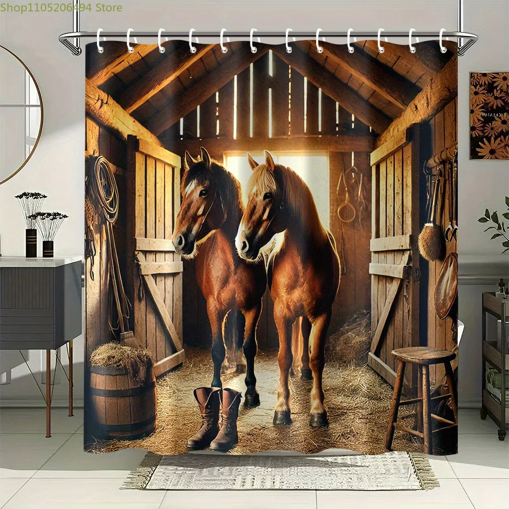 1個、馬小屋の馬2頭が描かれたプリントシャワーカーテン、1778x1778cm、フック12個付き、お手入れ簡単、部屋、自宅、ホテル、マウスルーム用。