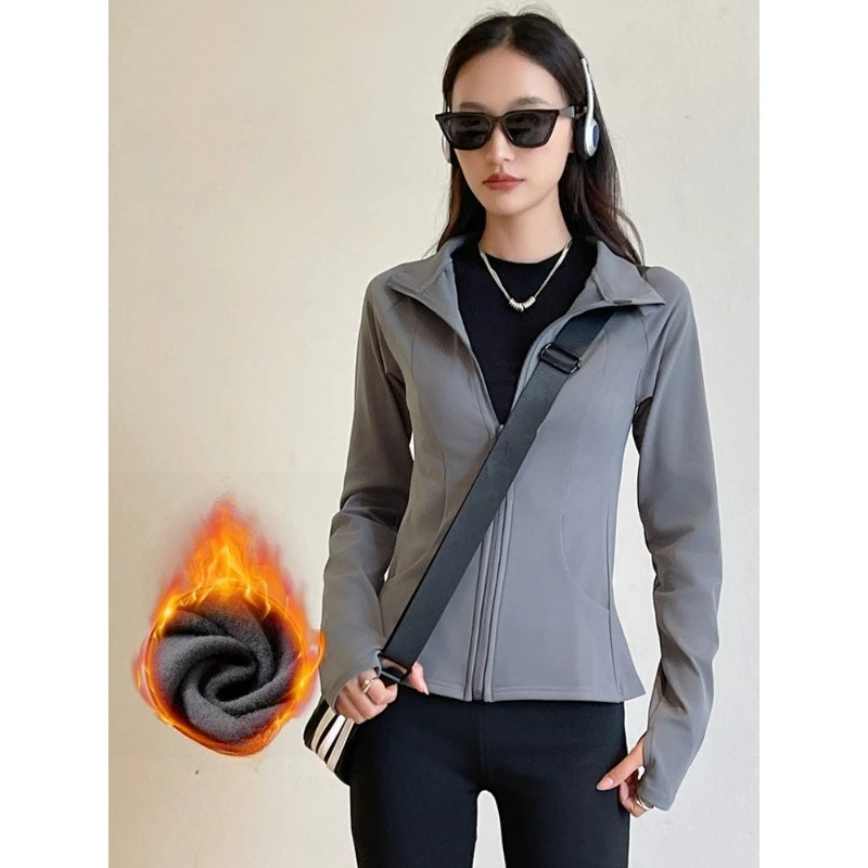 Fleece Lined Windproof Yoga Jacket for Women Slim Fit Stand Collar Zip Up Long Sleeve Top