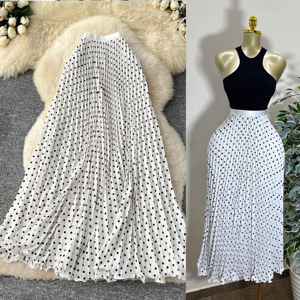 Women Skirt Pleated Skirts Polka Spliced Ankle Length Empire Elastic Waist Slight Strech Loose Fit Casual Elegant 2026 Summer