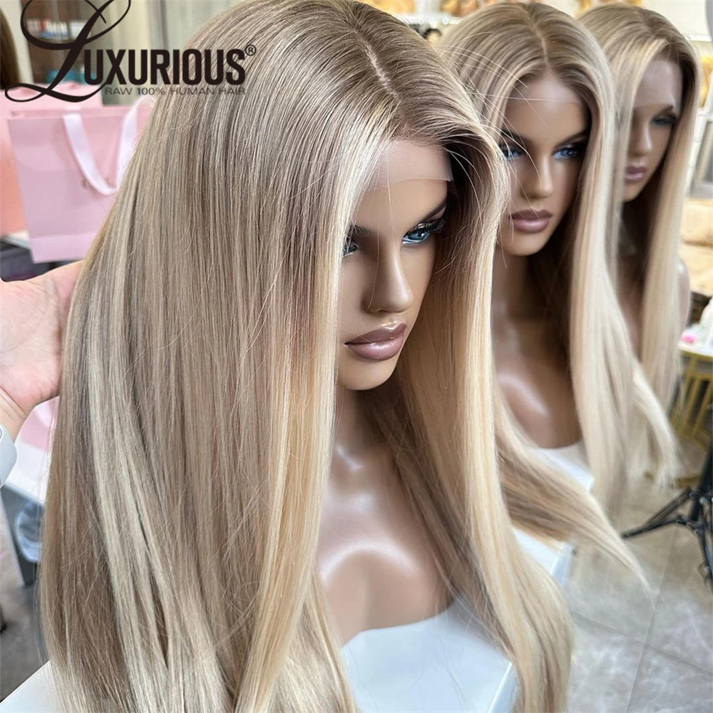 Luxuoso 13x4 balayage latte loira ombre invisível frente do laço peruca de cabelo humano cru 180% densidade pré arrancado peruca de linha fina natural