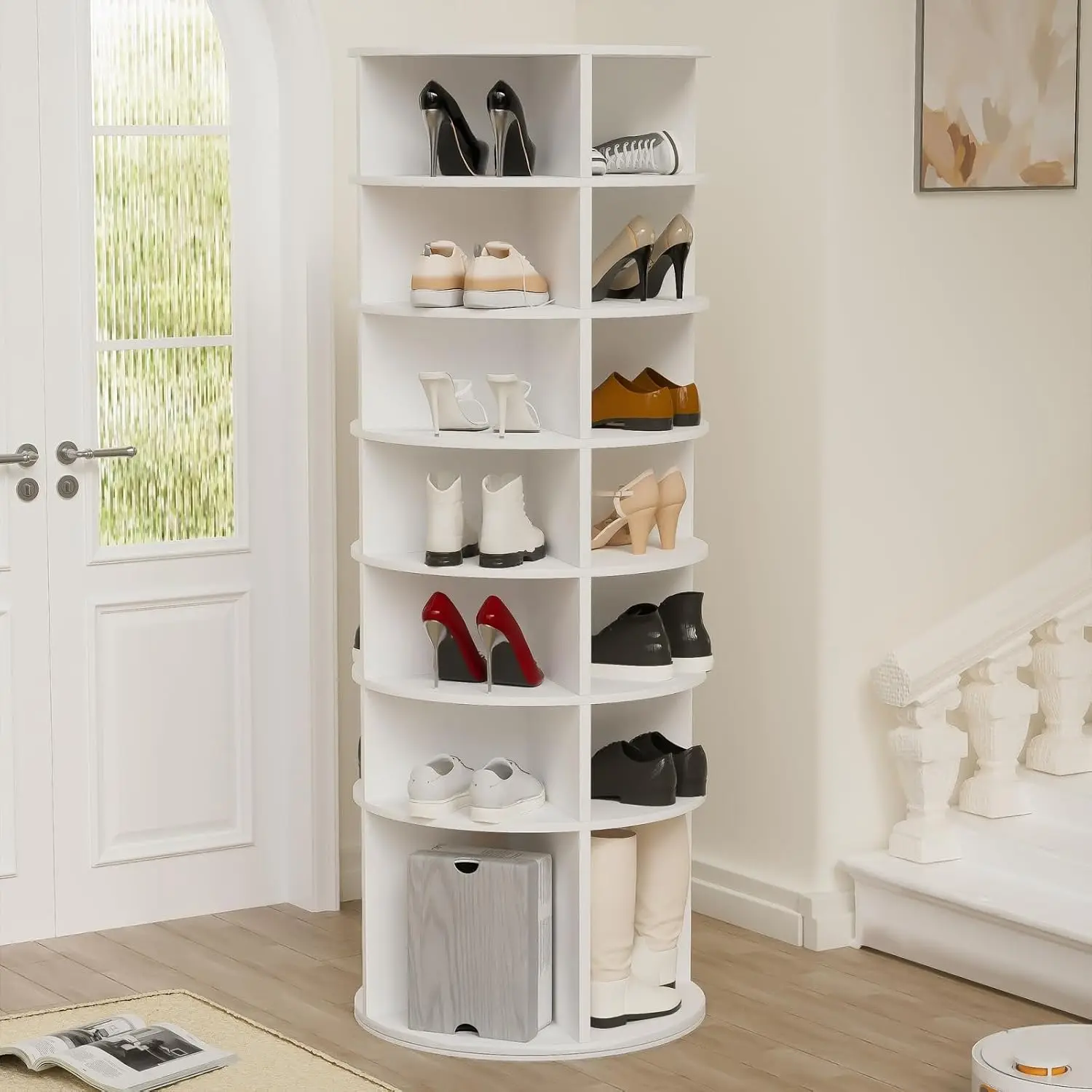 7-Tier Rotating Shoe Rack Tower, 360° Revolving Free Standing Organizer, High Bottom 28 Pairs Storage, White, Customized