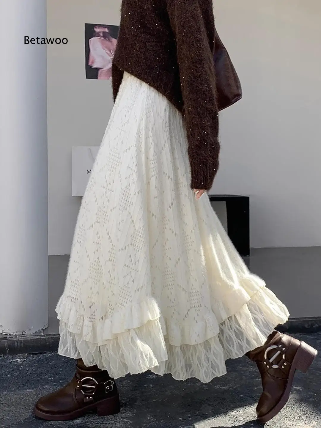 Women Irregular Lace Spliced Long Skirt High Waist Slimming Cut Flowy A Line Wide Umbrella Hem Soft Drape Material For Autumn A