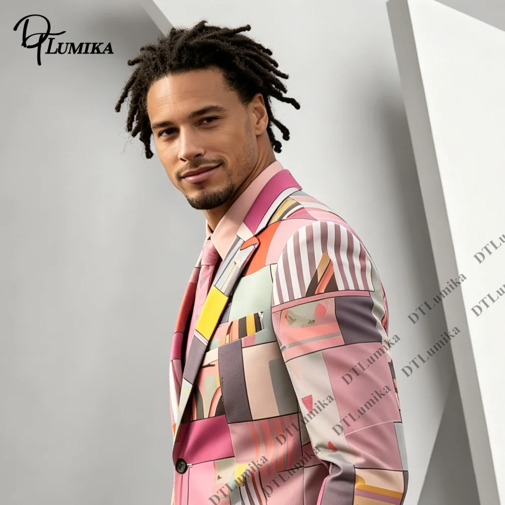 DTLumika Pink Colorful Geometric Patchwork Block Print Men 2 Piece Suit Blazer Straight Trousers Set Avant-Garde Trendy Suit